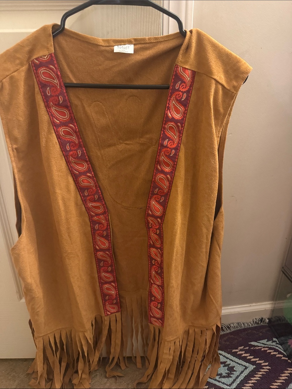 Spirit Halloween hippie vest costume Suede Fringe Vest with Red Paisley Trim